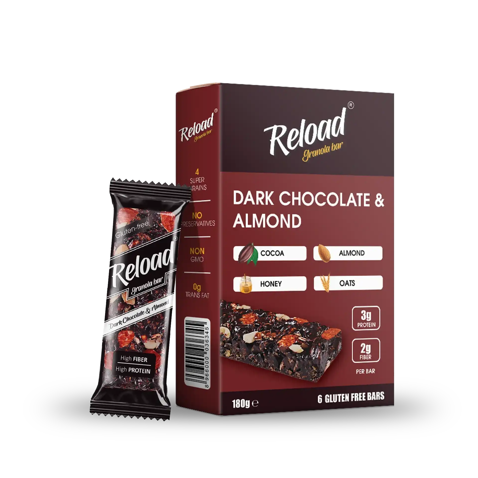 RELOAD SNACKS Granola Bars Dark Chocolate & Almond 6-Bar Box 