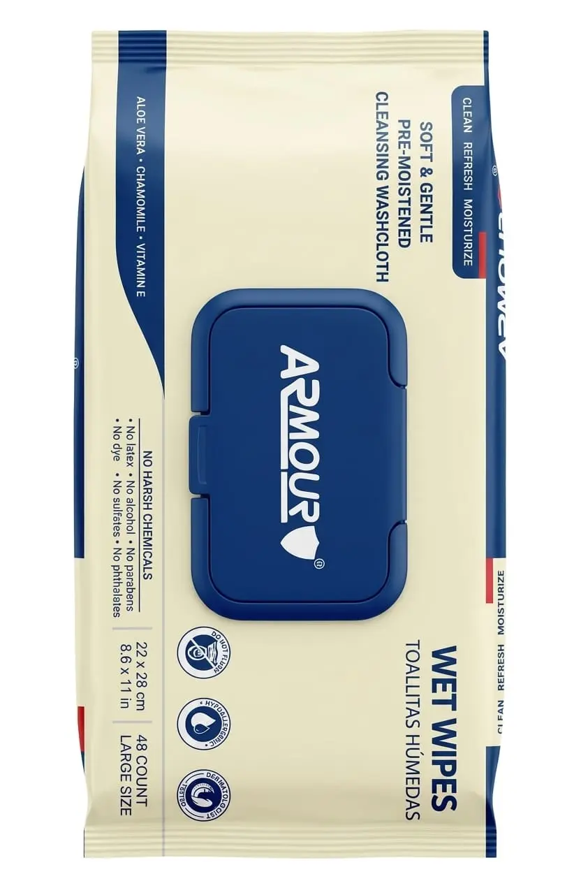 Armour Soft & Gentle Pre-Moistened Cleansing Wet Wipes 48 Count (Large Size)
