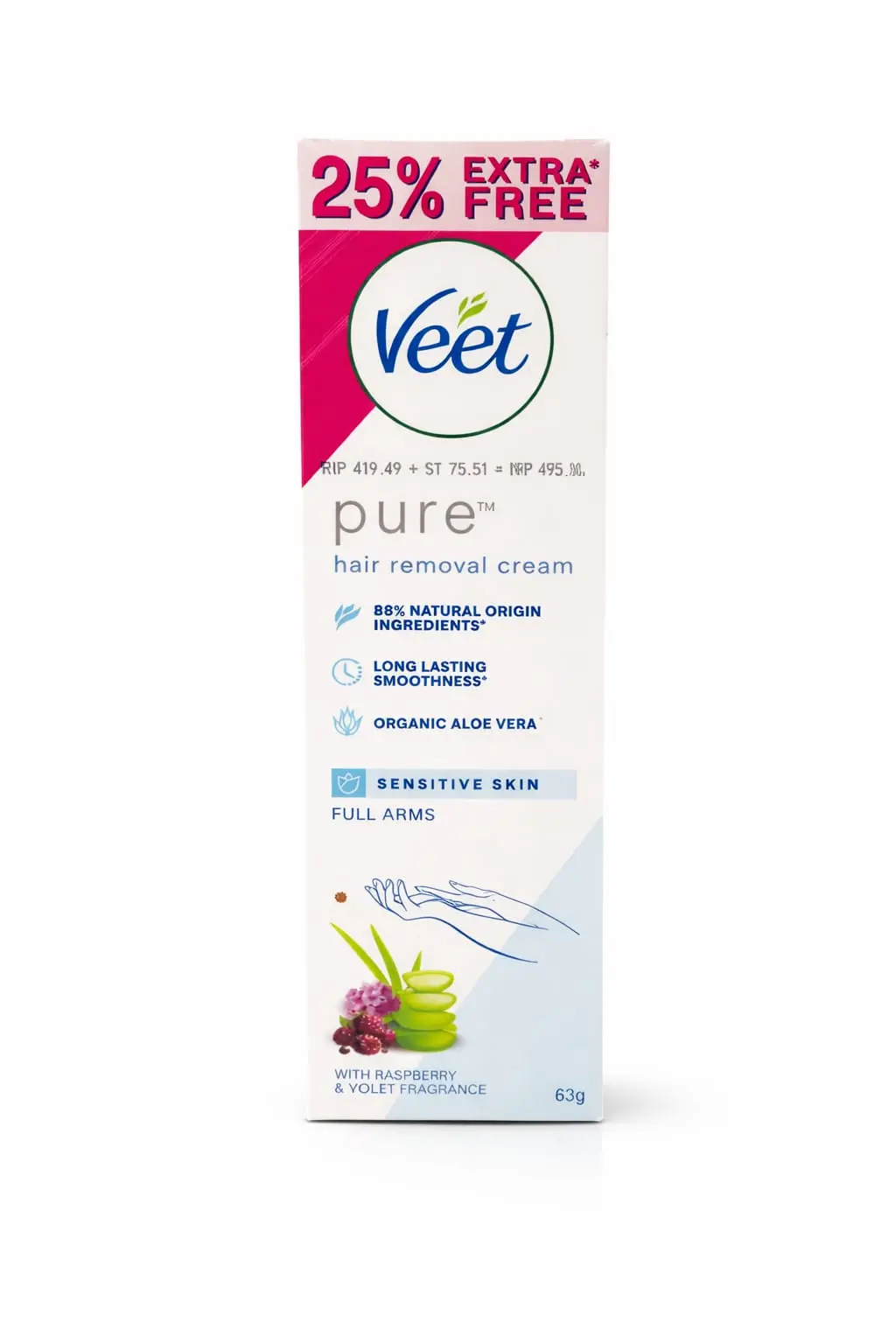 Veet Pure Hair Removal Cream Sensitive Skin Full Arms 63g