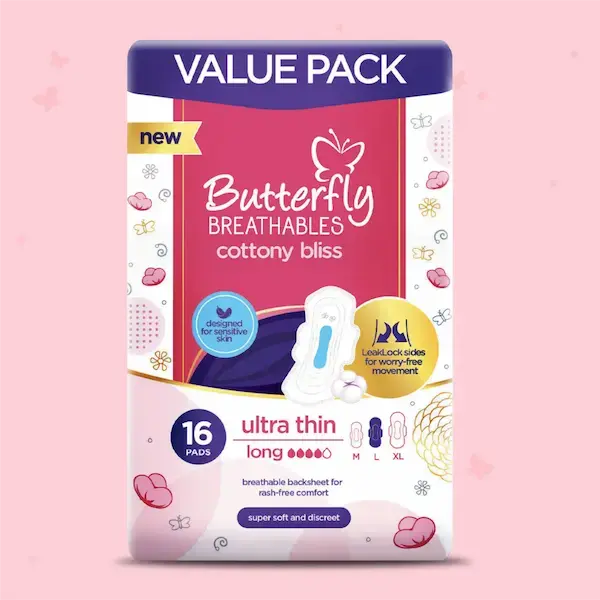 Butterfly Breathables Ultra-Thin Cottony Sanitary Pads Long Value Pack 16 Pcs