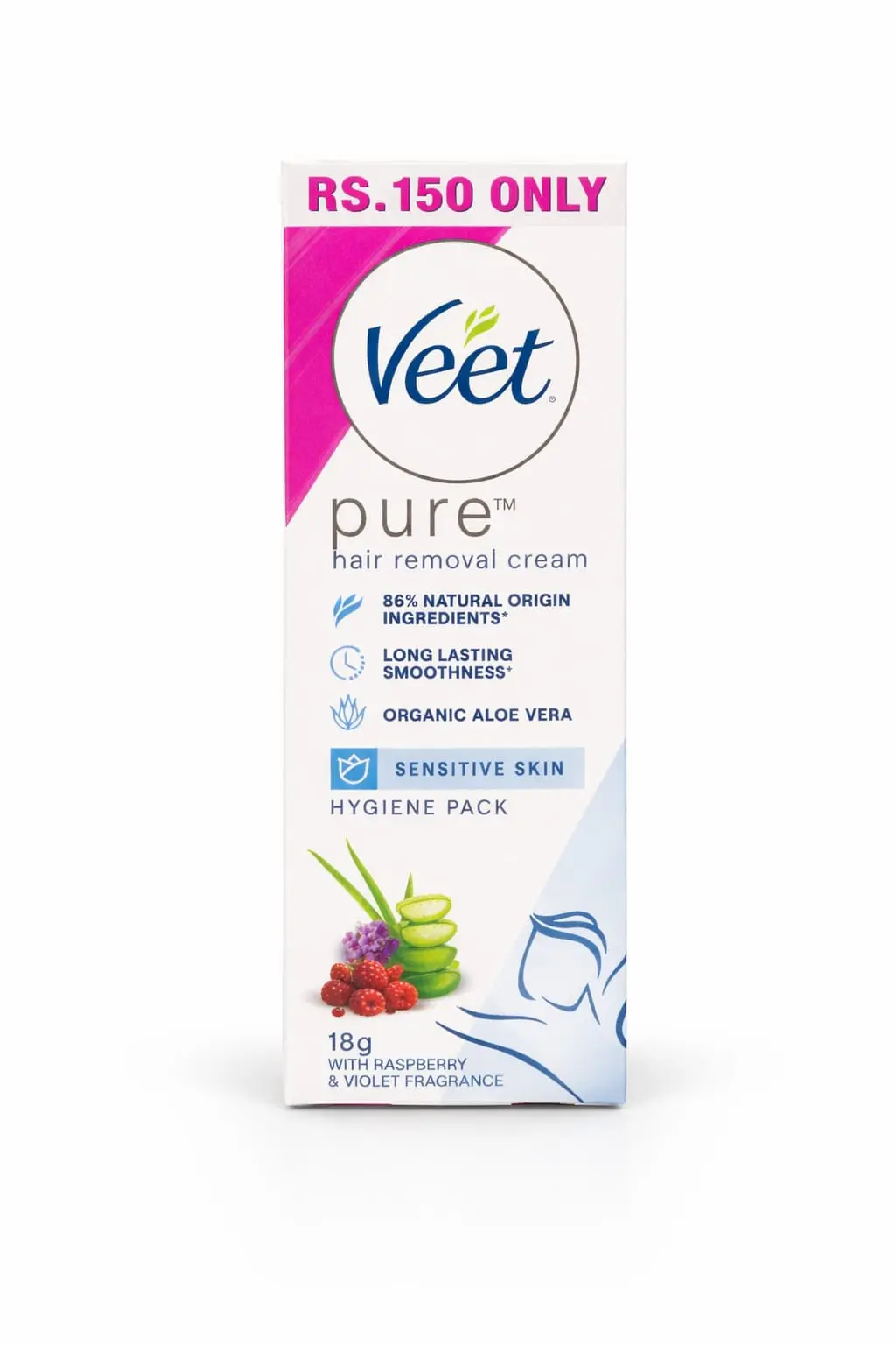 Veet Pure Hair Removal Cream (Sensitive Skin Hygiene Pack 18g – Raspberry & Violet Fragrance)