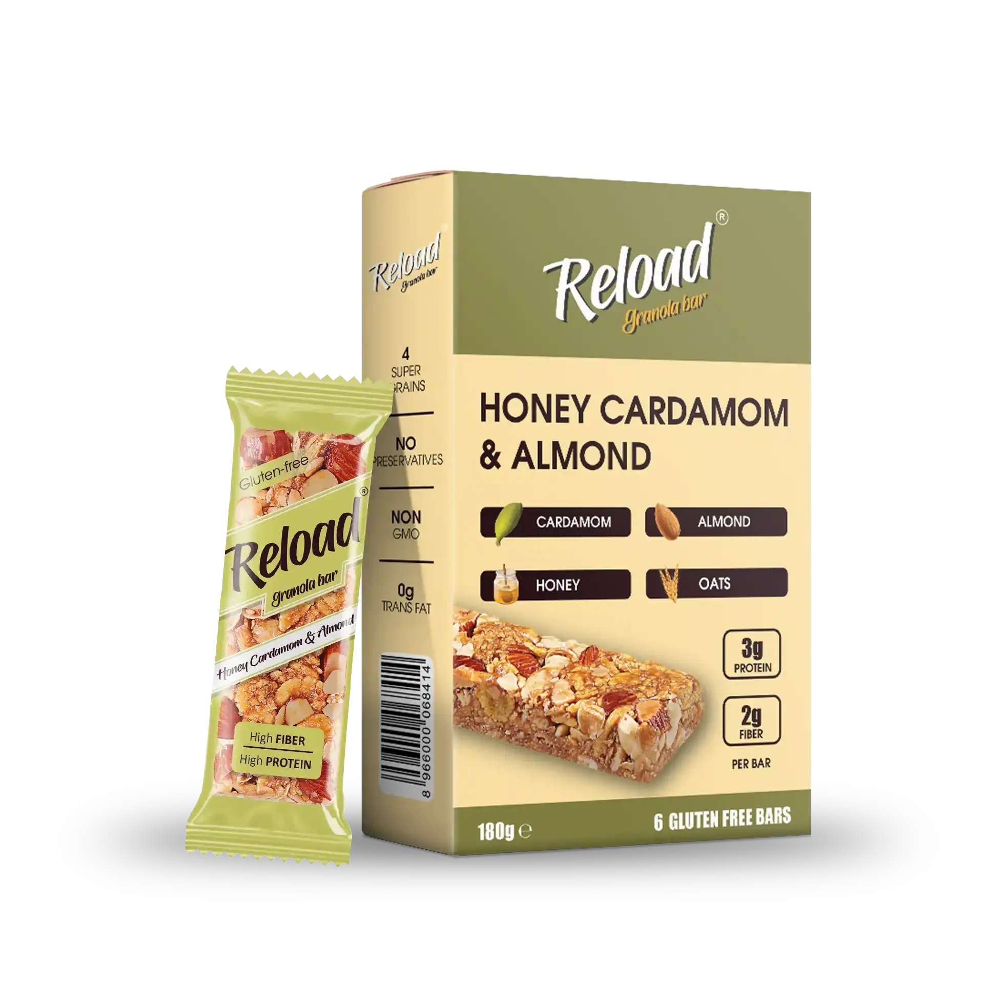 RELOAD SNACKS Granola Bars Honey Cardamom & Almond 6-Bar Box 