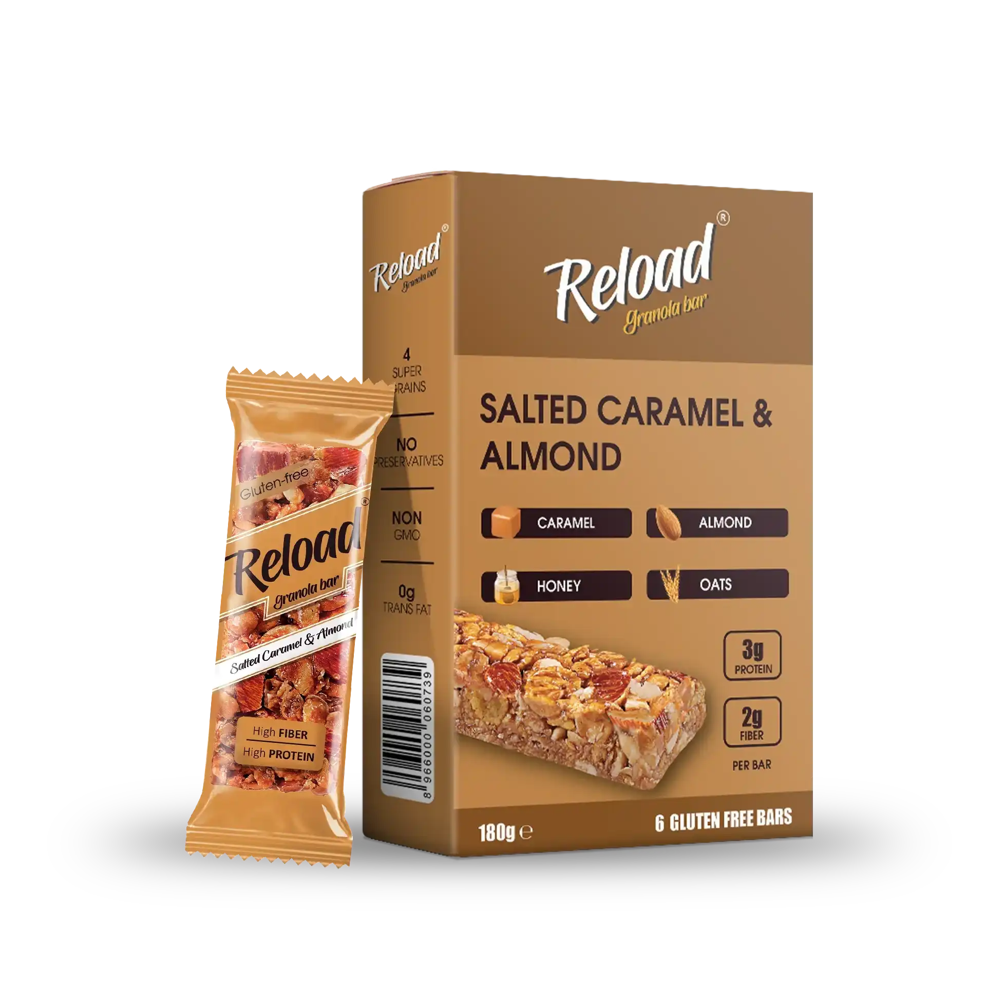 RELOAD SNACKS Granola Bars Salted Caramel & Almond 6-Bar Box 