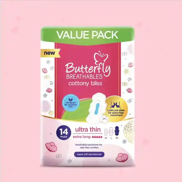 Butterfly Breathables Ultra-Thin Cottony Sanitary Pads Extra Long Value Pack 14 Pcs