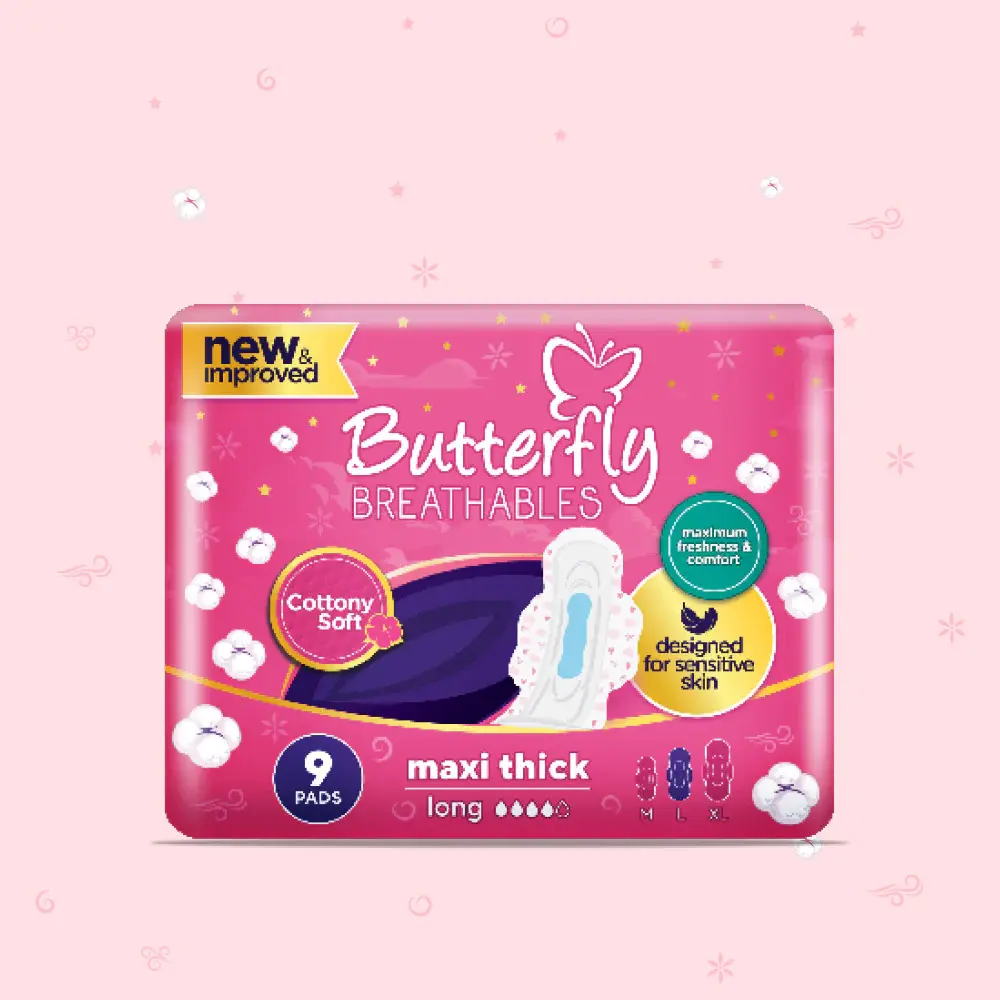 Butterfly Breathables Maxi Thick Cottony Soft Sanitary Pads Long 9 Pcs