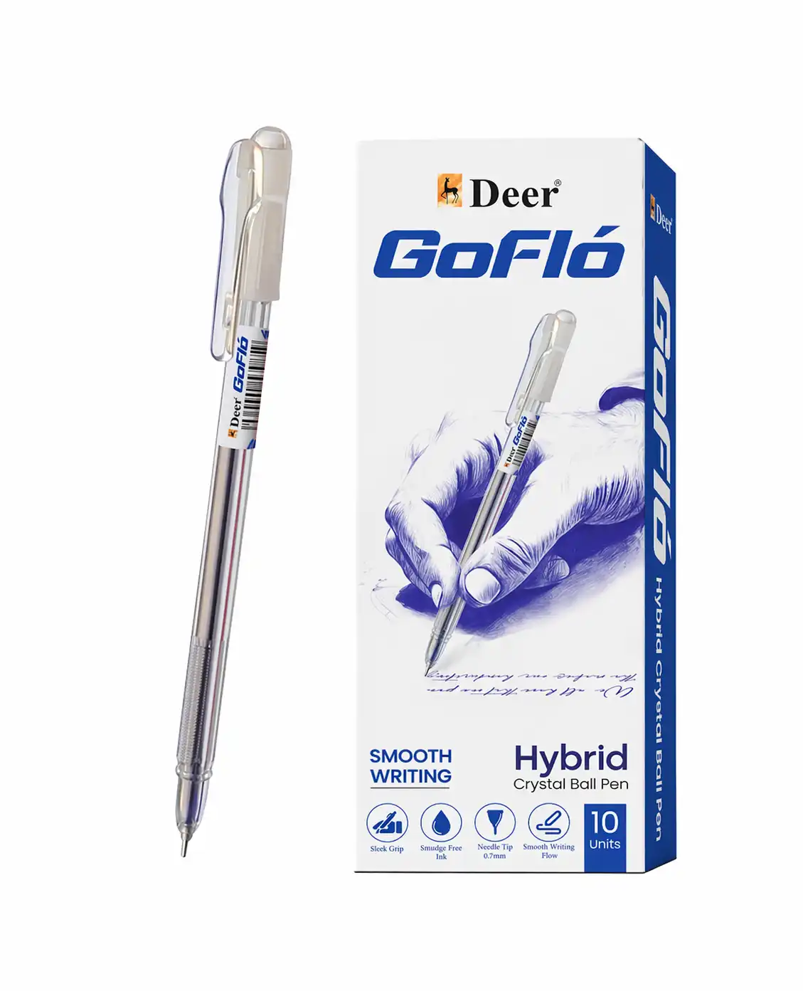 Deer GoFlo Hybrid Crystal Ball Pen 0.7mm Blue (10 Pcs Pack)