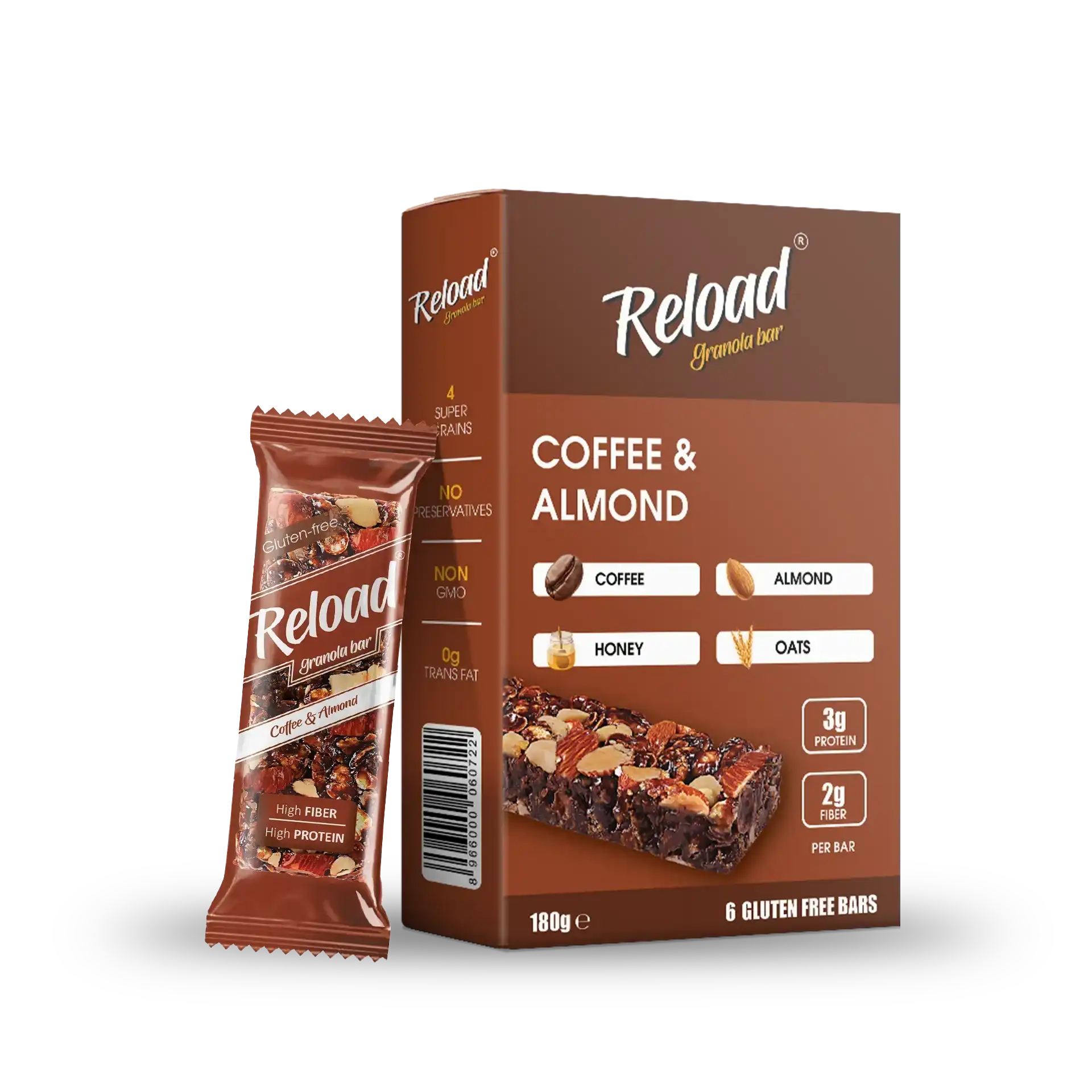 RELOAD SNACKS Granola Bars Coffee & Almond 6-Bar Box 